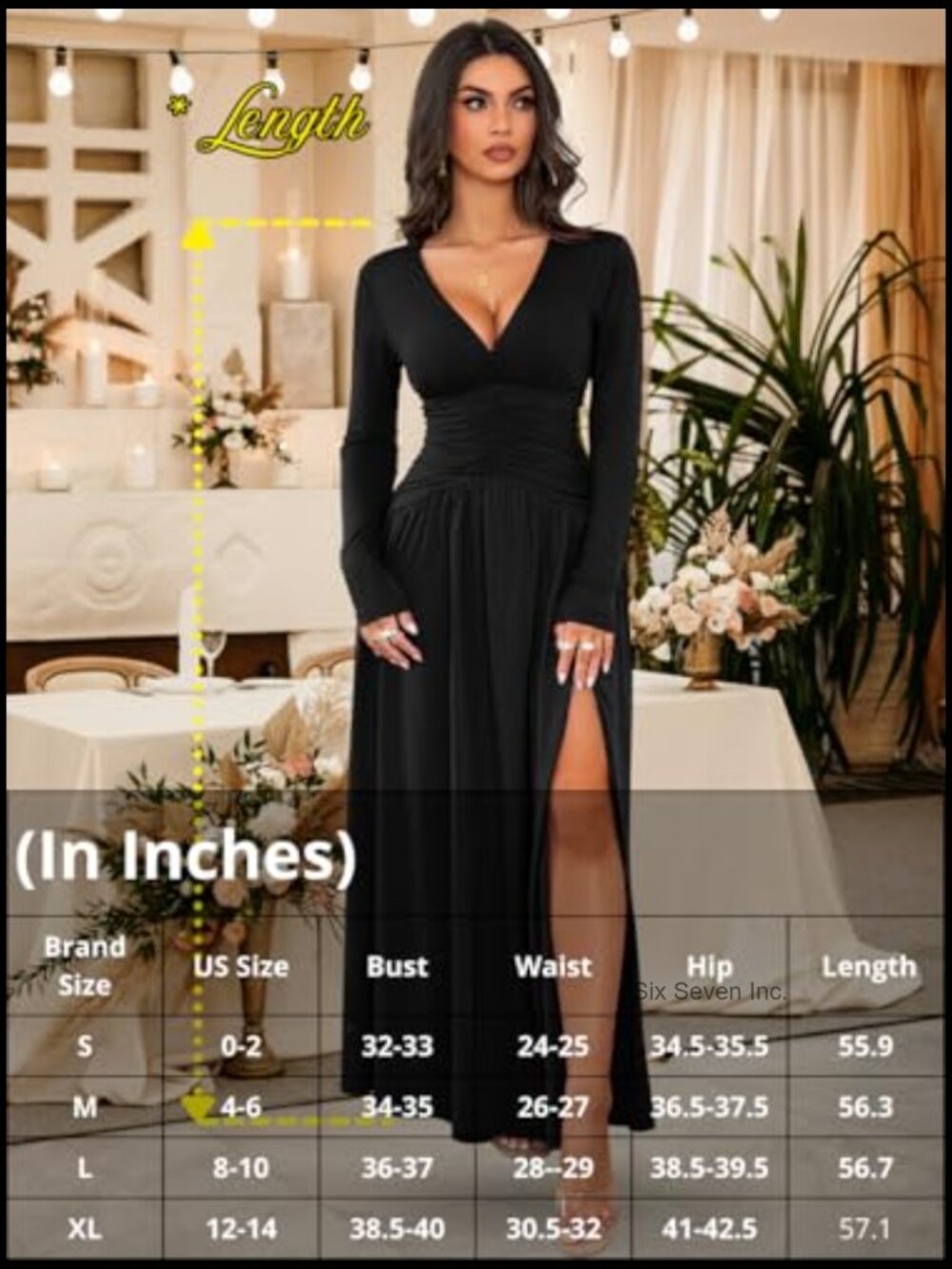 Long Sleeve Formal Dress, Deep V Neck High Slit Ruched Maxi Dress for Women - Picture 6 of 7